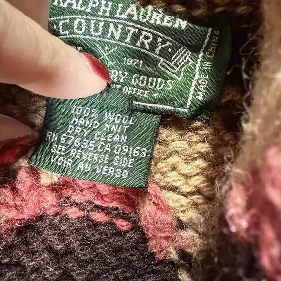 Vintage Ralph Lauren Country Navajo Hand Knit Cardigan Sweater Wool Size M Aztec - Picture 5 of 8
